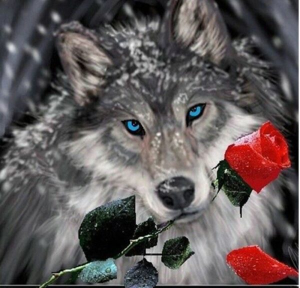 LOUP AVEC ROSE ROUGE - BRODERIE DIAMANT
